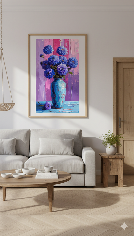 Blue Chrysanthemums in a Teal Vase