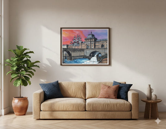 Crimson Sunset, Stone Bridge, and Ship