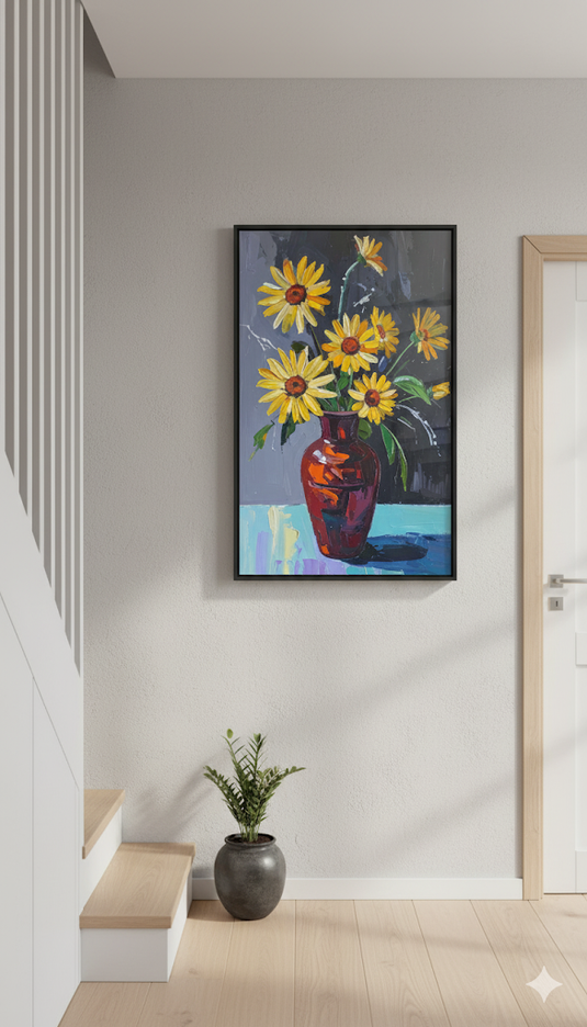 Impasto Yellow Sunflowers in Red Vase