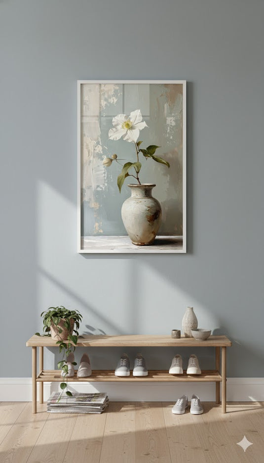 White Clematis in Distressed Vase