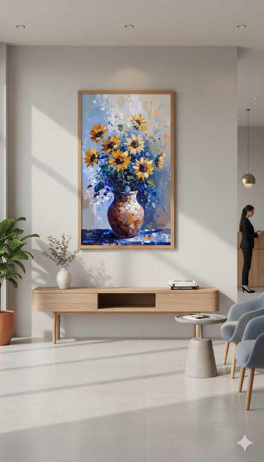 Sunlit Impressionist Sunflowers in Blue