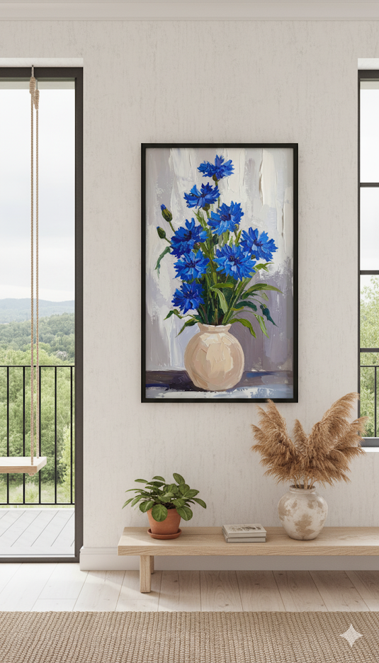 Vibrant Blue Cornflower Impasto Bouquet