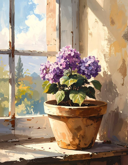 Sunlit Hydrangea: Rustic Window View