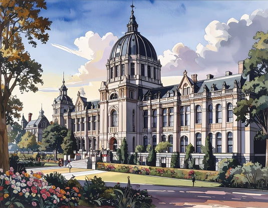 Majestic Classical Building, Watercolor Serenity