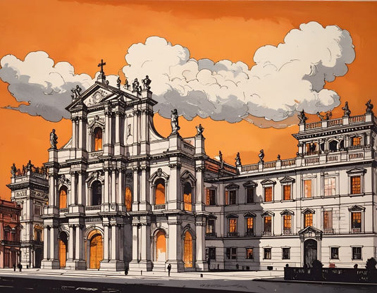 Baroque Facade Under Orange Sky