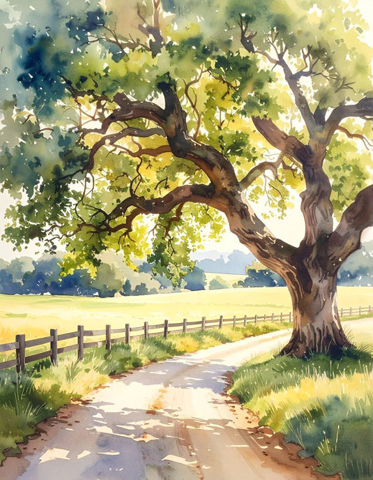 Sunlit Country Road Watercolor