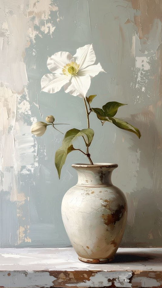 White Clematis in Distressed Vase