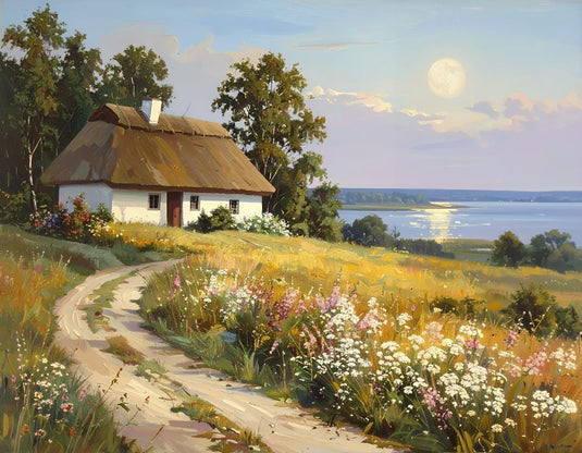Moonlit Cottage Path by the Water