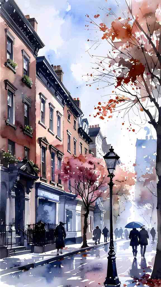 Autumn City Stroll Watercolor