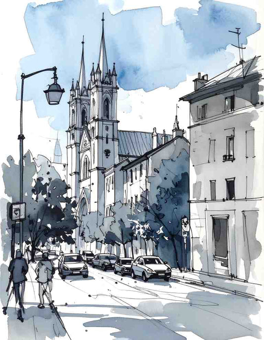 City Cathedral: Watercolor & Ink Serenity