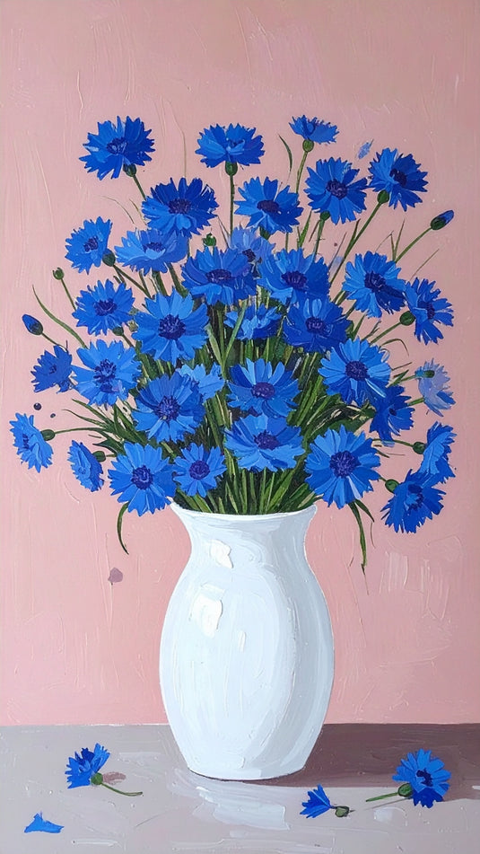 Vibrant Blue Cornflowers in White Vase
