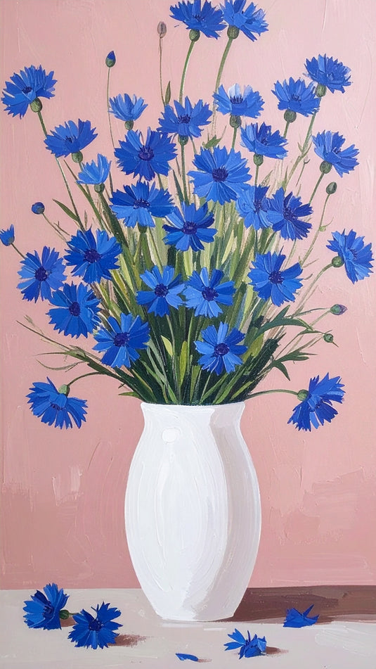 Blue Cornflowers in White Vase