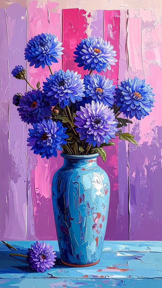 Blue Chrysanthemums in a Teal Vase