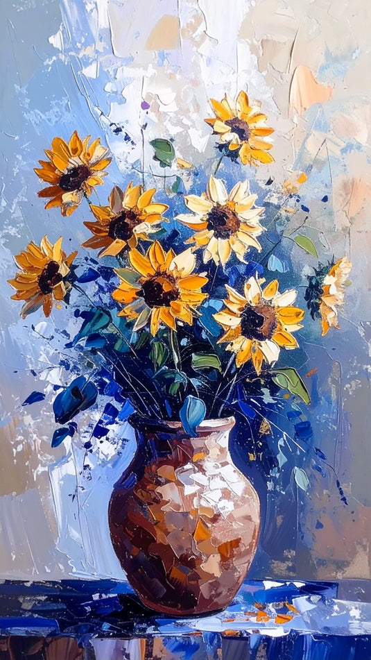Sunlit Impressionist Sunflowers in Blue