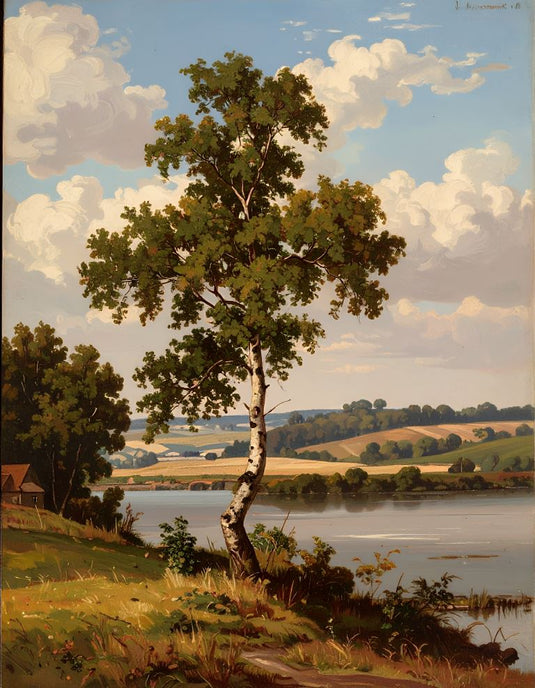 Riverside Birch Under Summer Sky