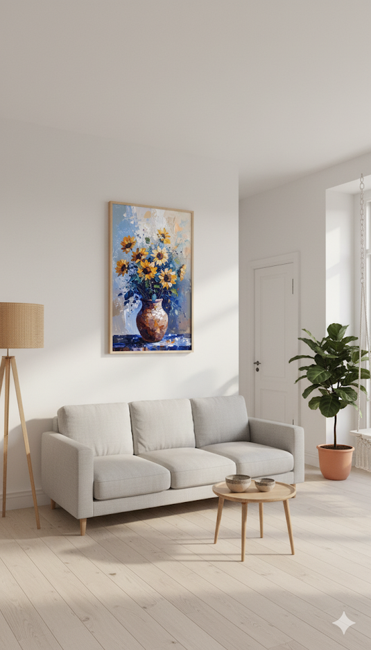 Sunlit Impressionist Sunflowers in Blue