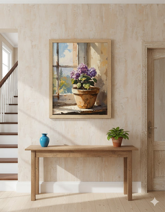 Sunlit Hydrangea: Rustic Window View