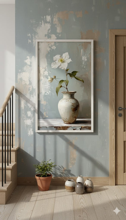 White Clematis in Distressed Vase