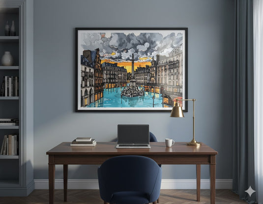 Flooded Parisian Square at Sunset