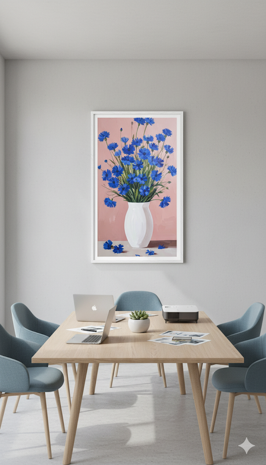 Blue Cornflowers in White Vase