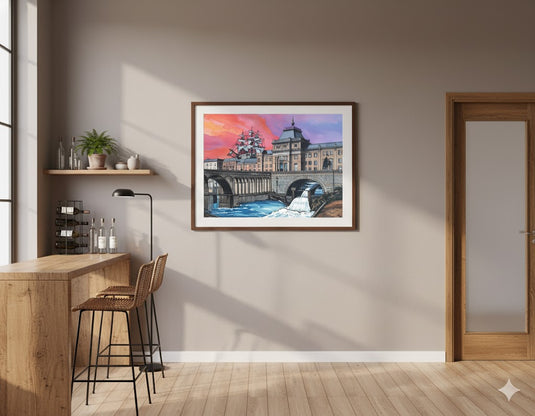 Crimson Sunset, Stone Bridge, and Ship