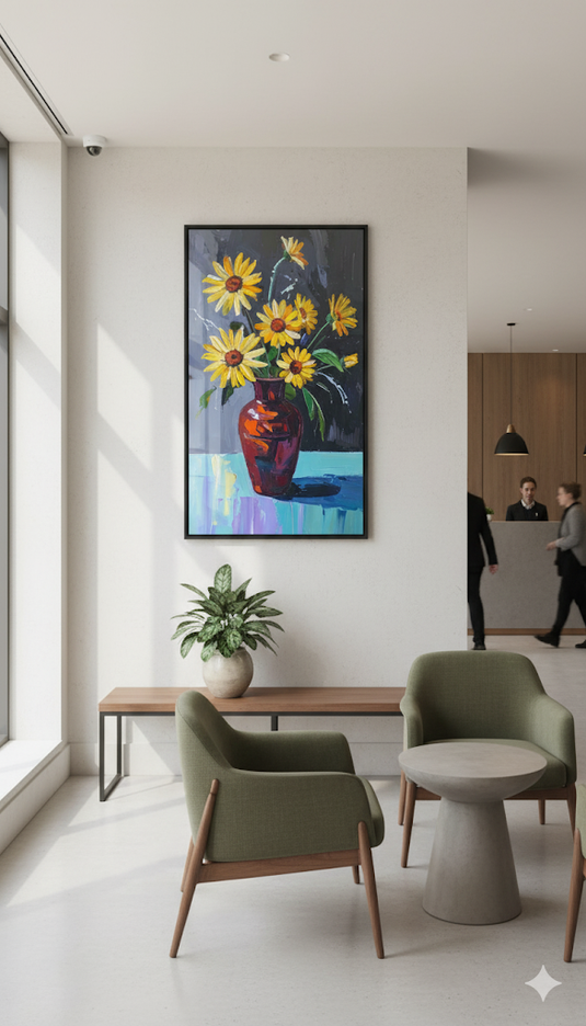 Impasto Yellow Sunflowers in Red Vase