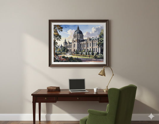 Majestic Classical Building, Watercolor Serenity