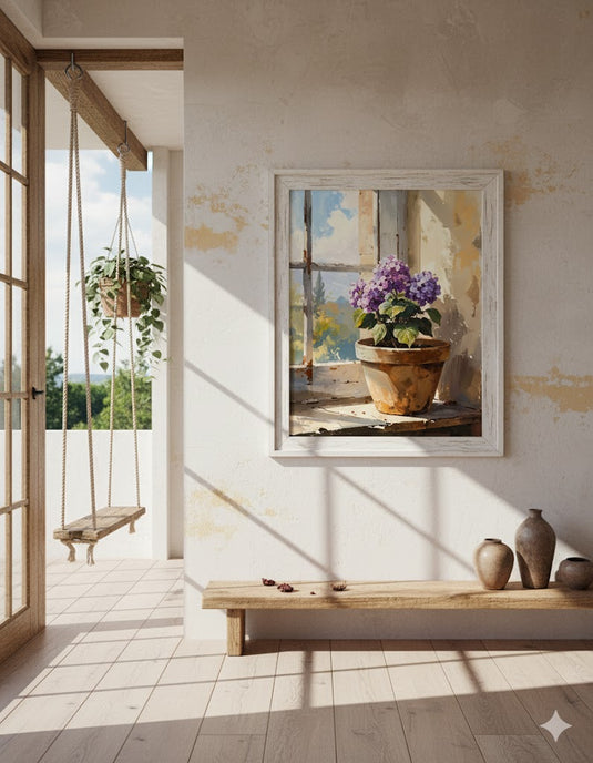 Sunlit Hydrangea: Rustic Window View