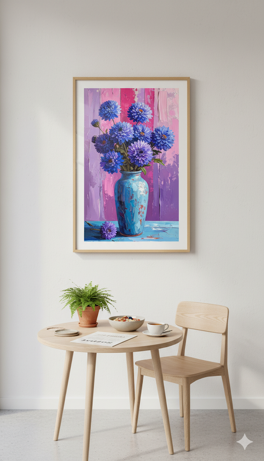 Blue Chrysanthemums in a Teal Vase