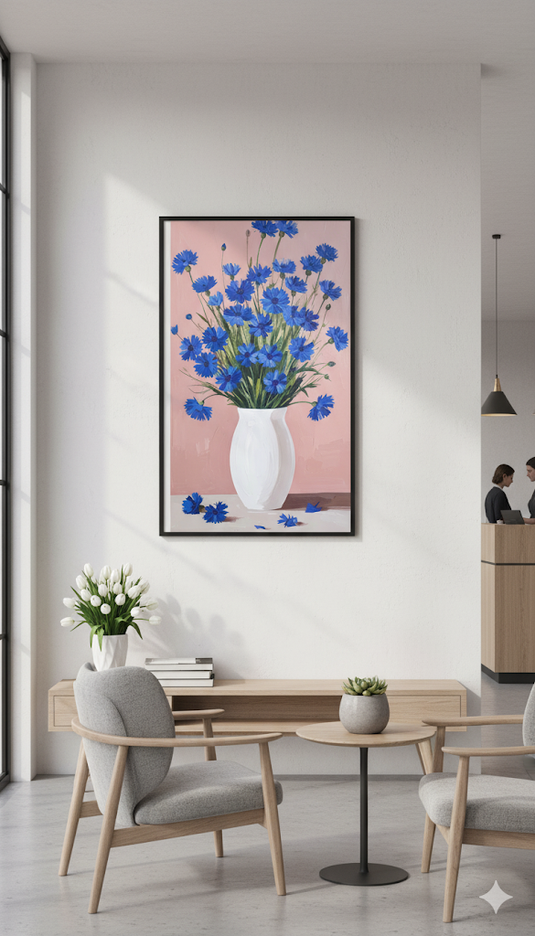 Blue Cornflowers in White Vase