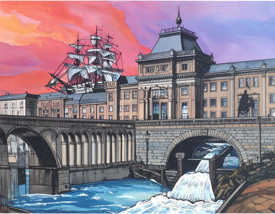 Crimson Sunset, Stone Bridge, and Ship