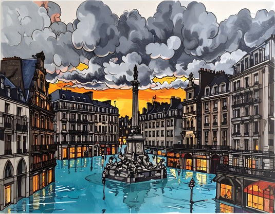 Flooded Parisian Square at Sunset