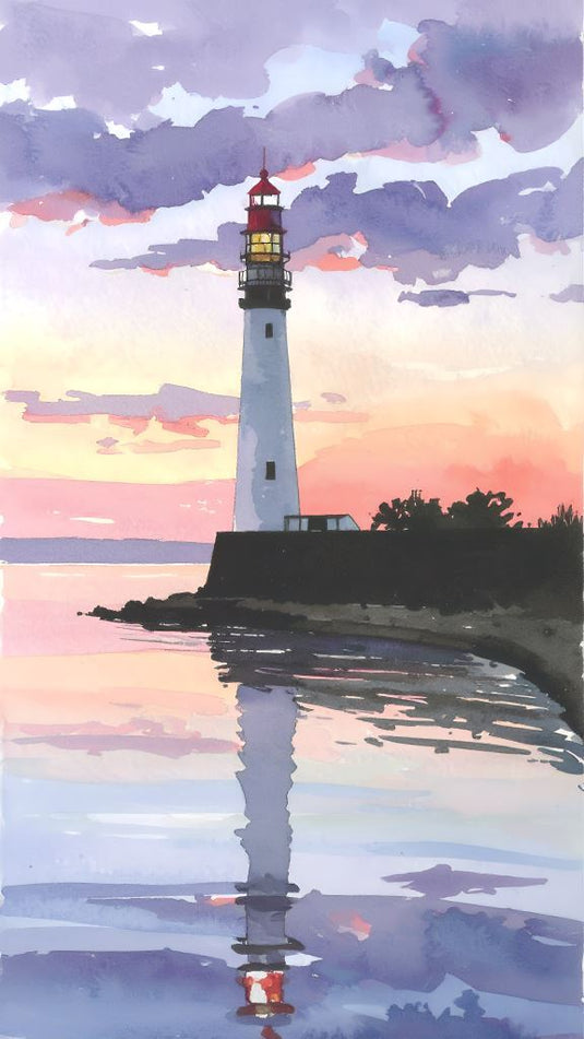 Sunset Glow Lighthouse Reflection