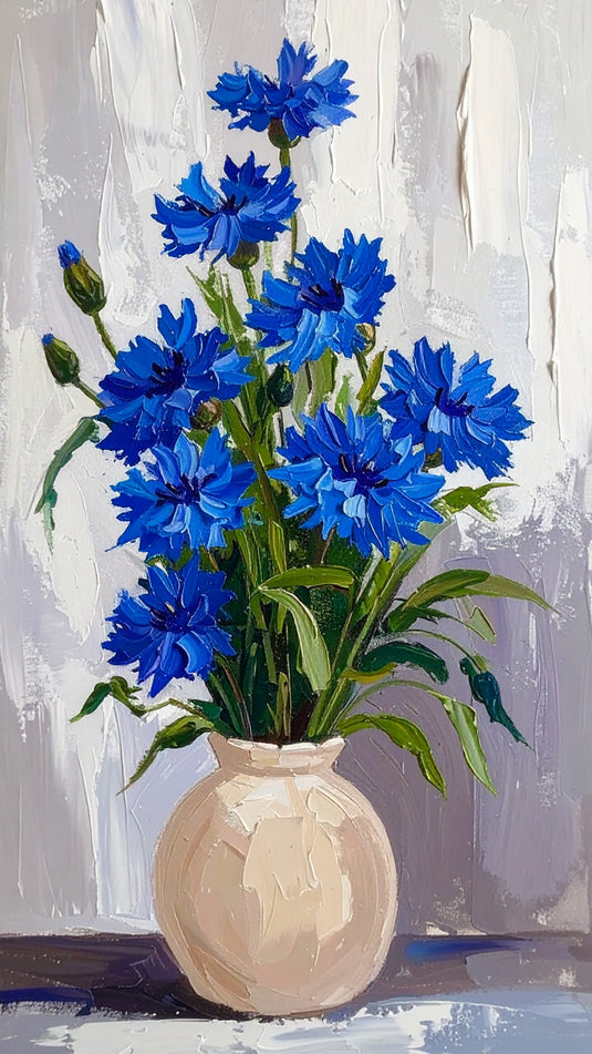 Vibrant Blue Cornflower Impasto Bouquet