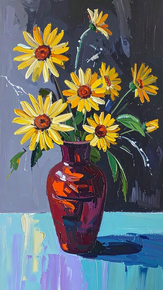 Impasto Yellow Sunflowers in Red Vase