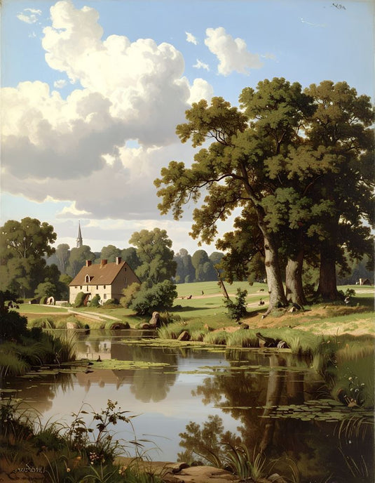 Sunlit Meadow Pond and Cottage